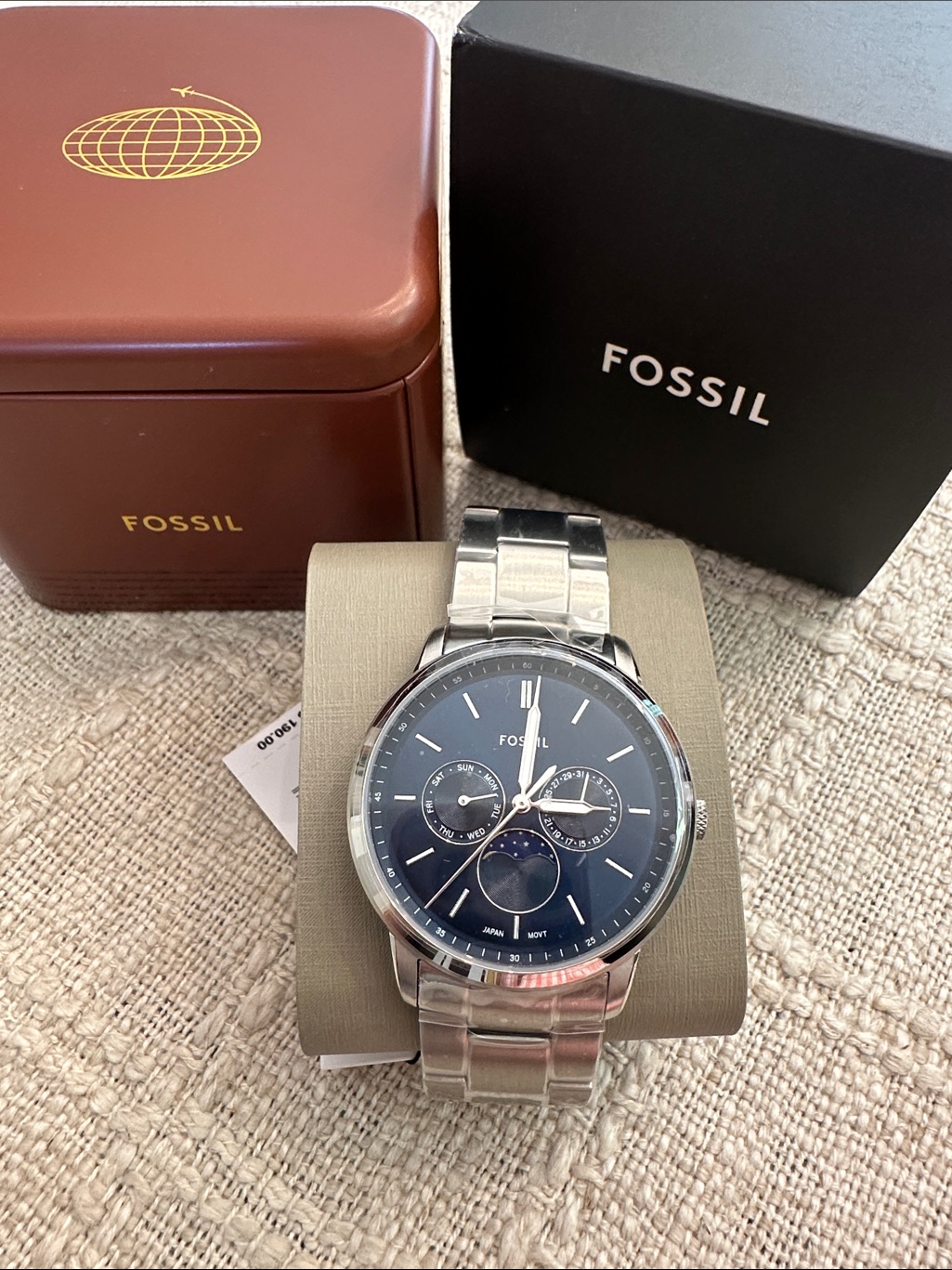 Fossil Silver Watch With Navy Dial And Moonphase